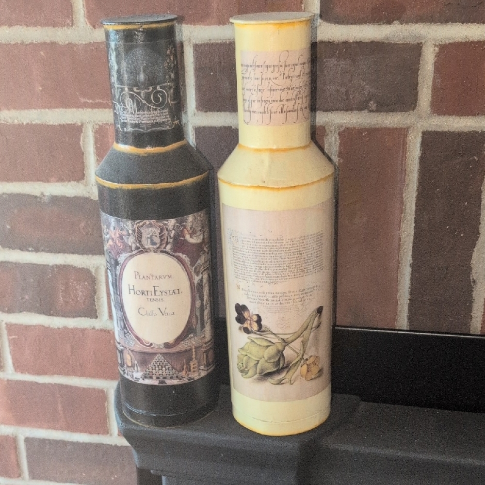 Decorative Vintage Bottle Pair - Black & Cream Floral Labels